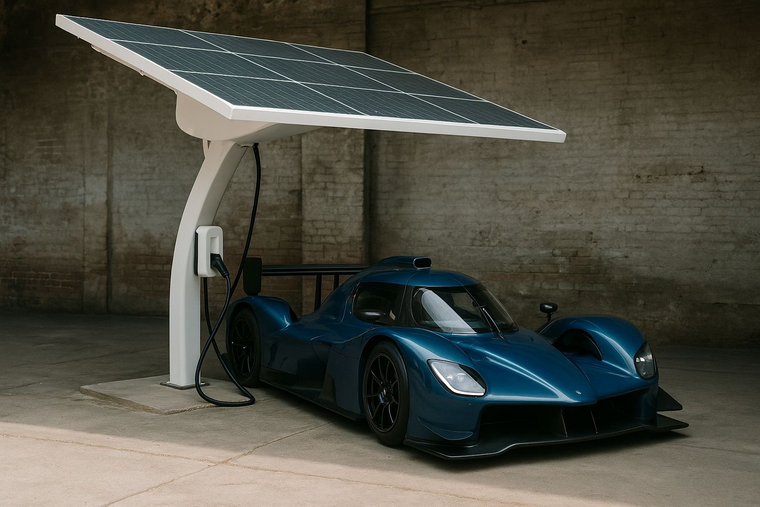 Kaksi miestä lataamassa punaista sähköistä kilpa-autoa varikolla, skårebo-laturilla