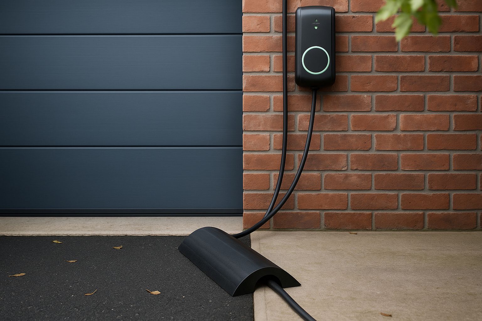 Sähköauton latauskaapeli siististi ripustettuna keltaiseen koukkuun valkoisella seinällä.