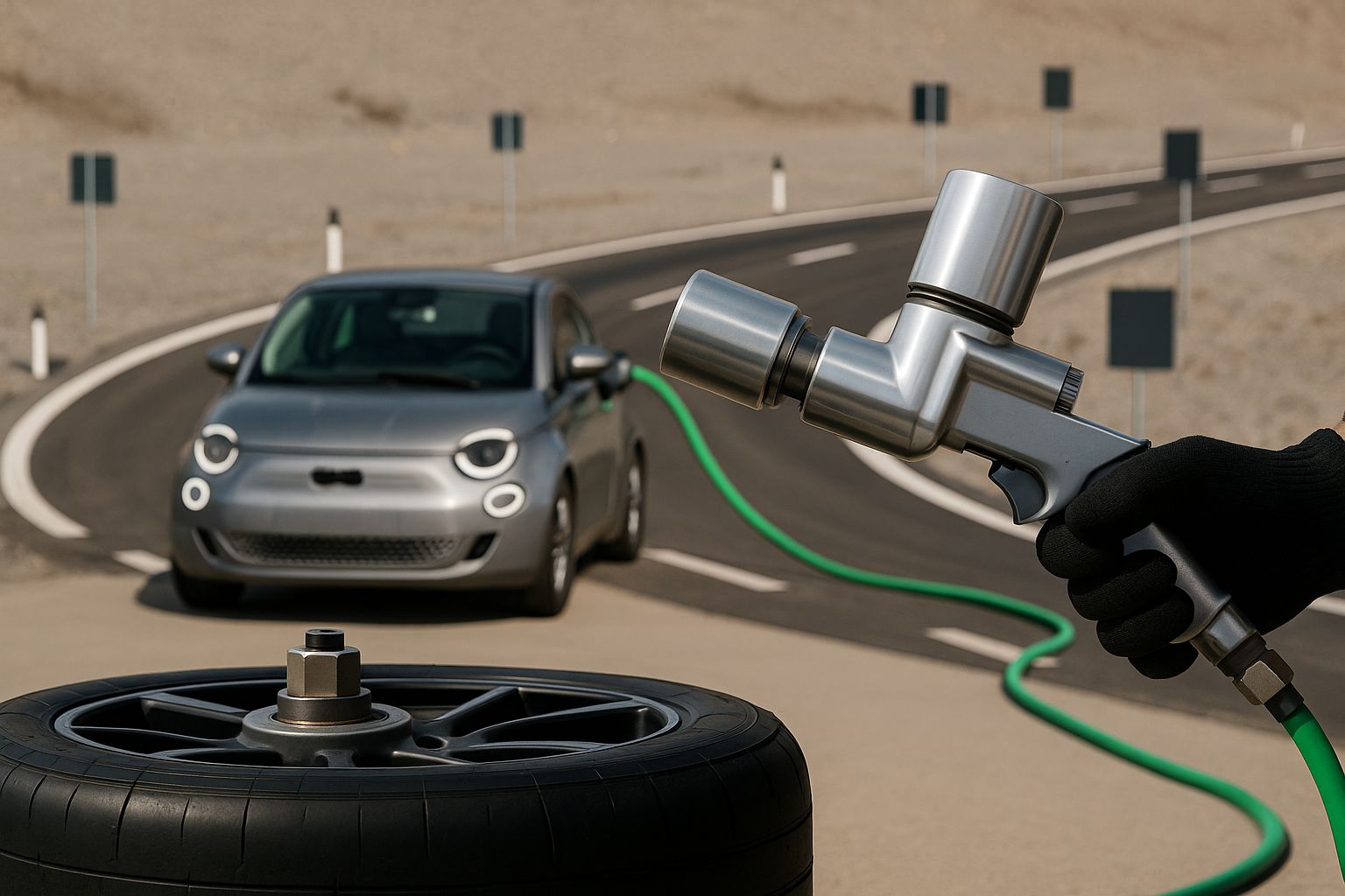 Sähköauton pikalataus varikolla, jossa kilpa-auto saa virtaa ja huoltohenkilökunta toimii nopeasti.